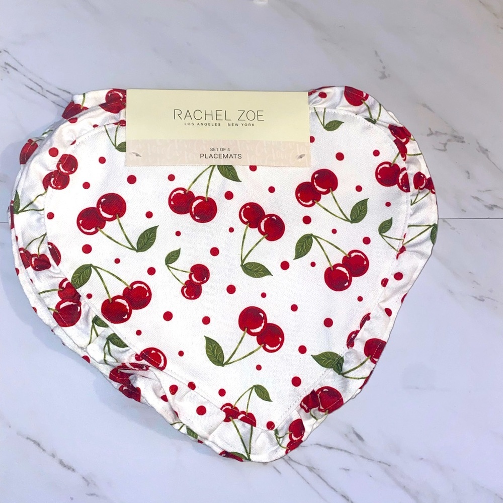 Rachel Zoe Heart Shaped Cherry Placemats with ruffles- set of 4